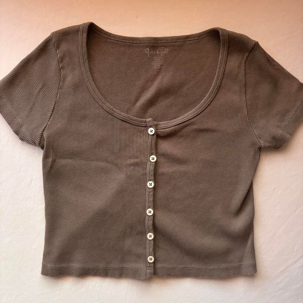 John Galt Brown Ribbed Button Front Crop Top - Small